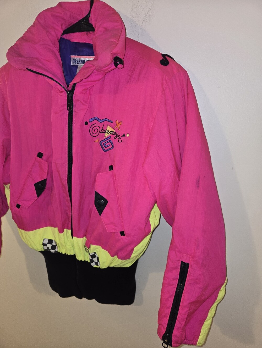 Vintage 80s Obermeyer Neon Pink Ski Jacket Women’s 4 Retro Colorblock Snowsuit - Picture 3 of 8